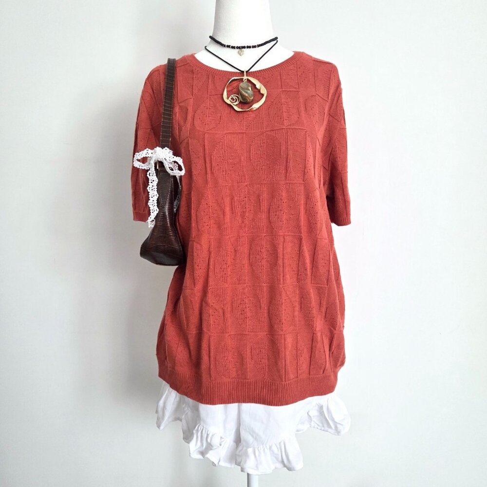 Vtg 90s Burnt Orange Leaf Textured Knit Top Large Alfred Dunner Boho Cottagecore